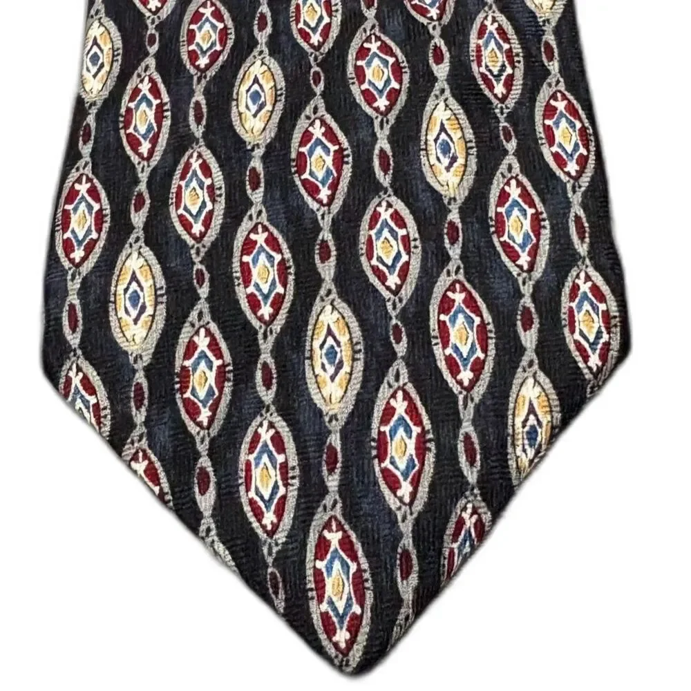 Gino Pompeii 100% Silk Necktie Geometric Diamond Pattern Black Red Gold‎ 90s Tie